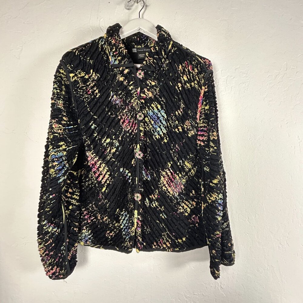Casual Studio Womens Abstract Chenille Textured Long Sleeve Jacket Large Black